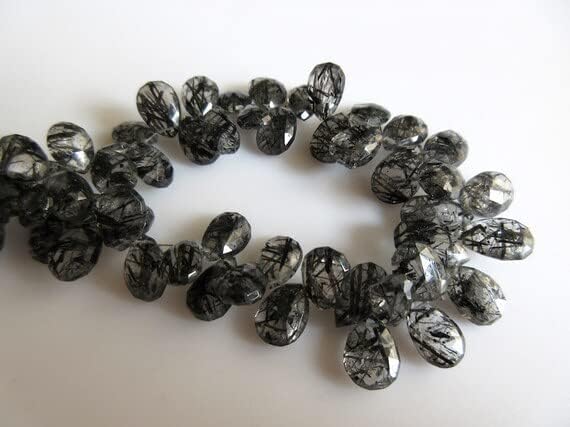 3 Strands Black Rutilated Quartz Pear Bead, Briolette Beads, Faceted Beads, 15mm to 9mm Each, 8 Inch Strand