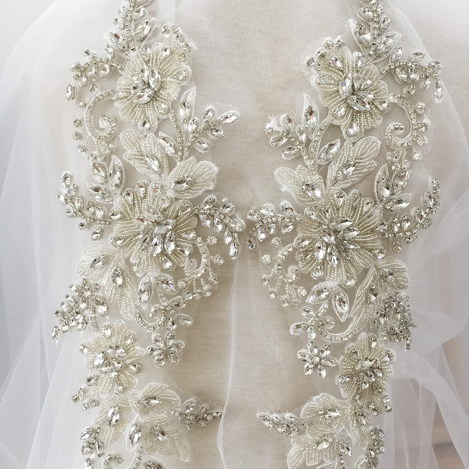 1 Pair 2 Pieces Handmade Haute 16x44cm Flower Rhinestone Beading Iron on Applique Bridal Bodice Belt Sash Wedding Motif (Color : Style D)