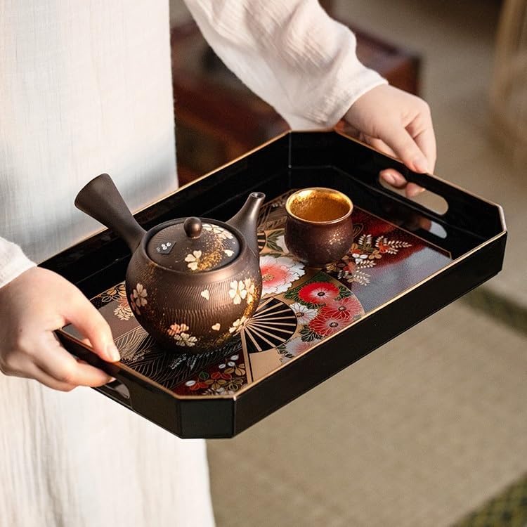 Tray Japanese Style Tray Japanese Style Elegant Handmade Lacquerware Tea Set Tray Household Tableware Storage Tray Serving Trays(B)