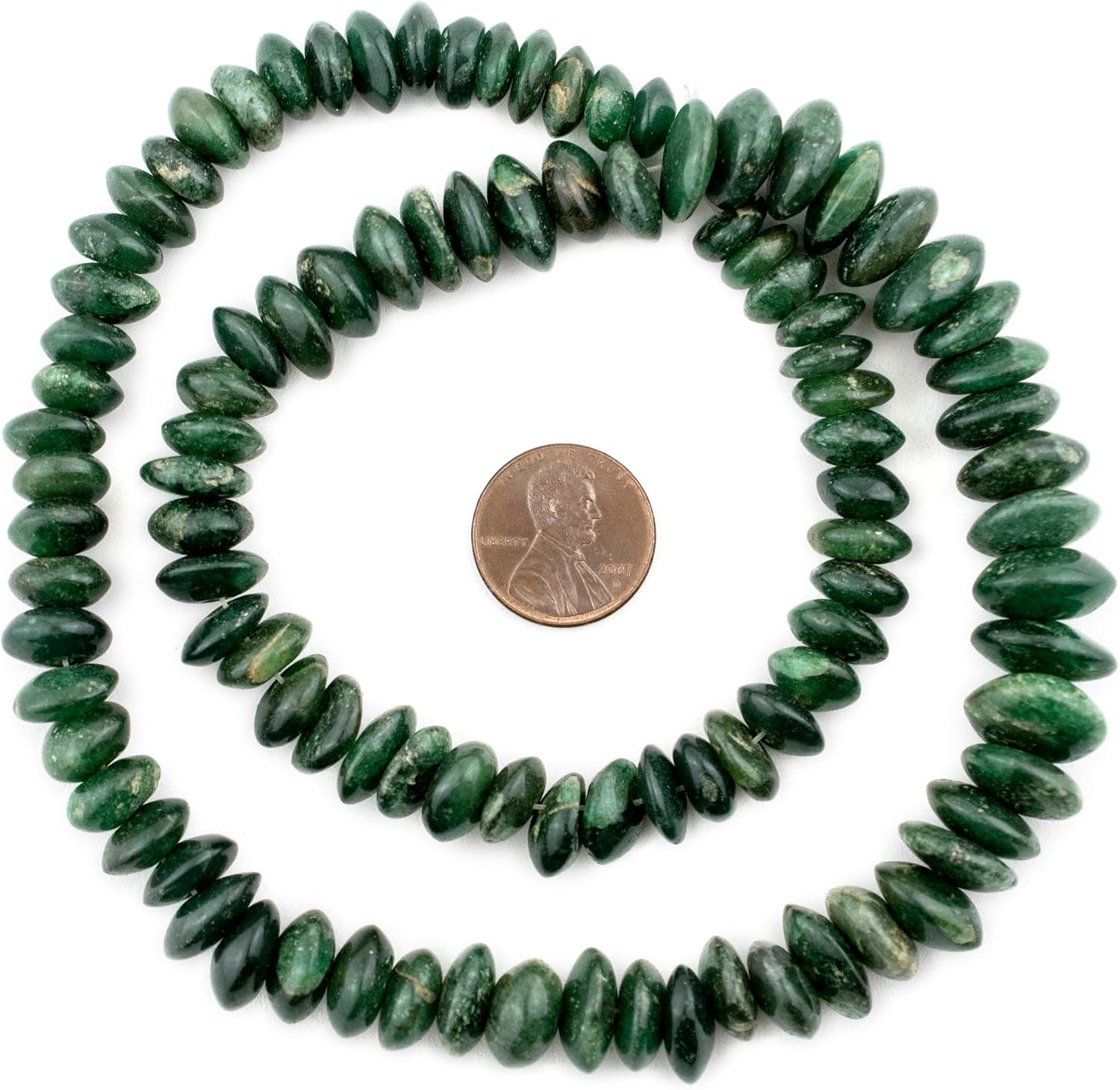 The Bead Chest: Graduated Dark Green Aventurine Saucer Beads | Stone Jewelry Craft with Full Strand