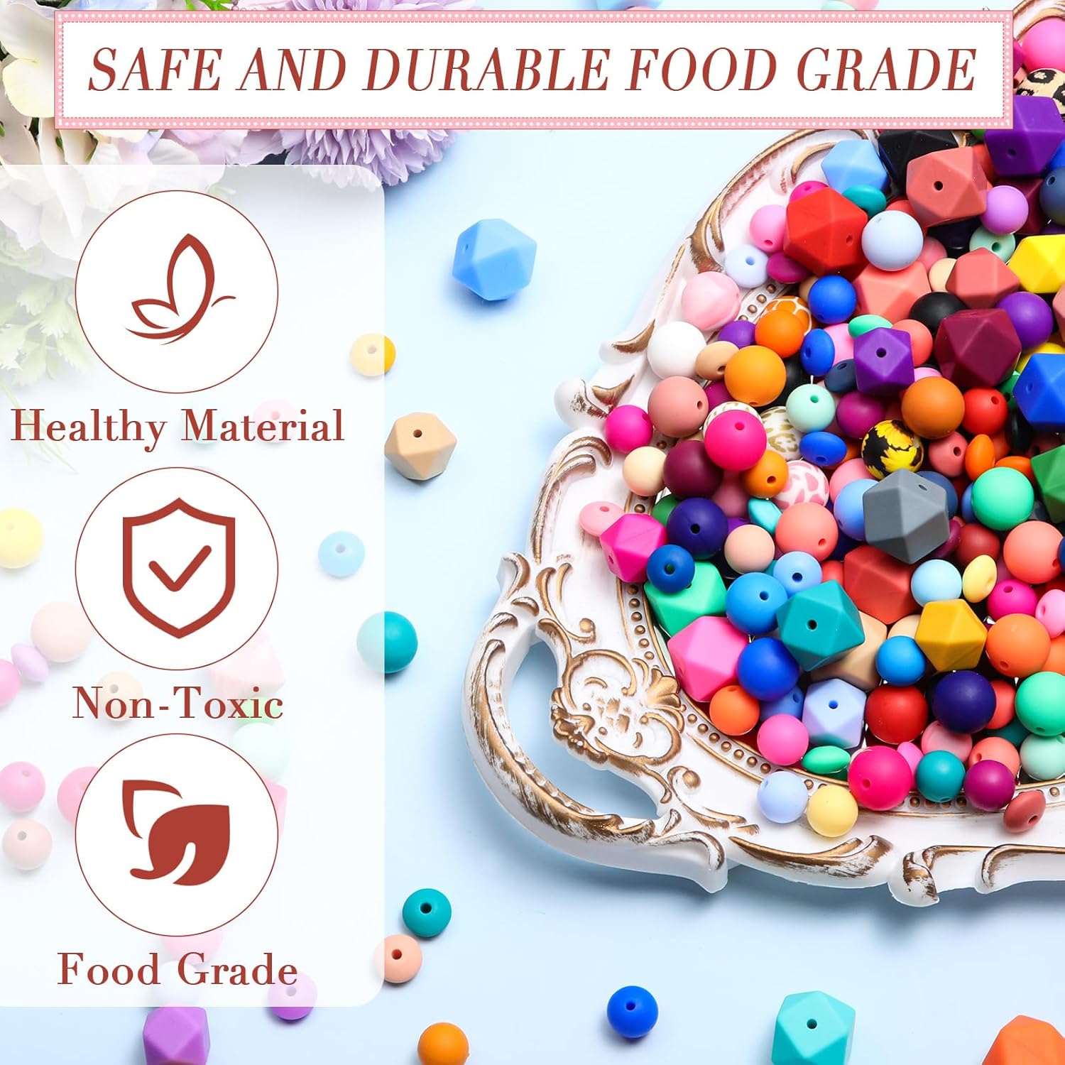 Hotop 1176 Pcs Silicone Beads for Keychain Making Kit, 12mm15mm Round 14mm17mm Polygonal Silicone Rubber Beads for Keychain DIY Necklace Bracelet Jewelry Making Supplies