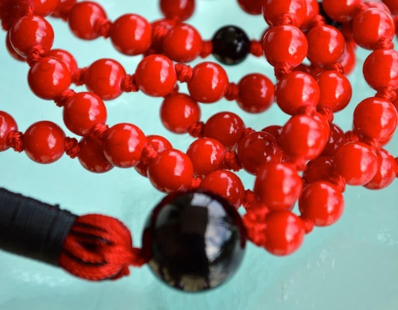 Natural Red Coral,Black Onyx 8mm 108 Mala Beads, Spiritual, Meditation Beads, Reiki, Japa Mala, Buddhist Prayer Beads, Yoga Bracelet, healing beads LKMALA-RRGU-1837, 34 inch