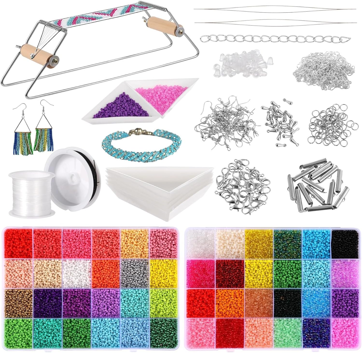 Adjustable Metal Bead Set, Complete Beading Kit With 46,000 Glass Seed Beads, Needles, And Trays For Diy Bracelets, Necklaces, Earrings, Gift For Jewelry Crafters