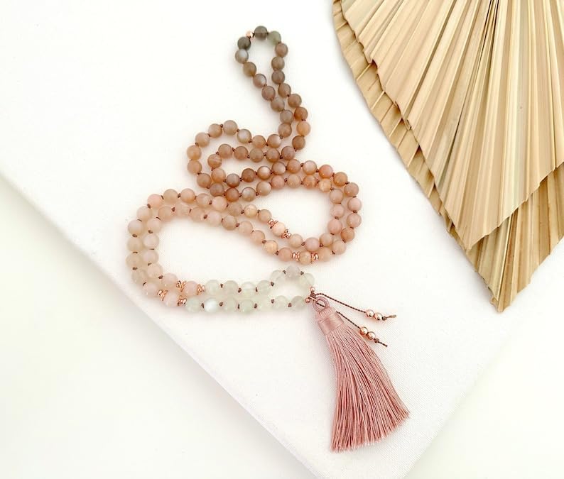 Natural Sunstone and Moonstone 6mm 108 Mala Beads, Spiritual, Meditation Beads, Reiki, Japa Mala, Buddhist Prayer Beads, Yoga Bracelet, healing beads LKMALA-RRGU-2057
