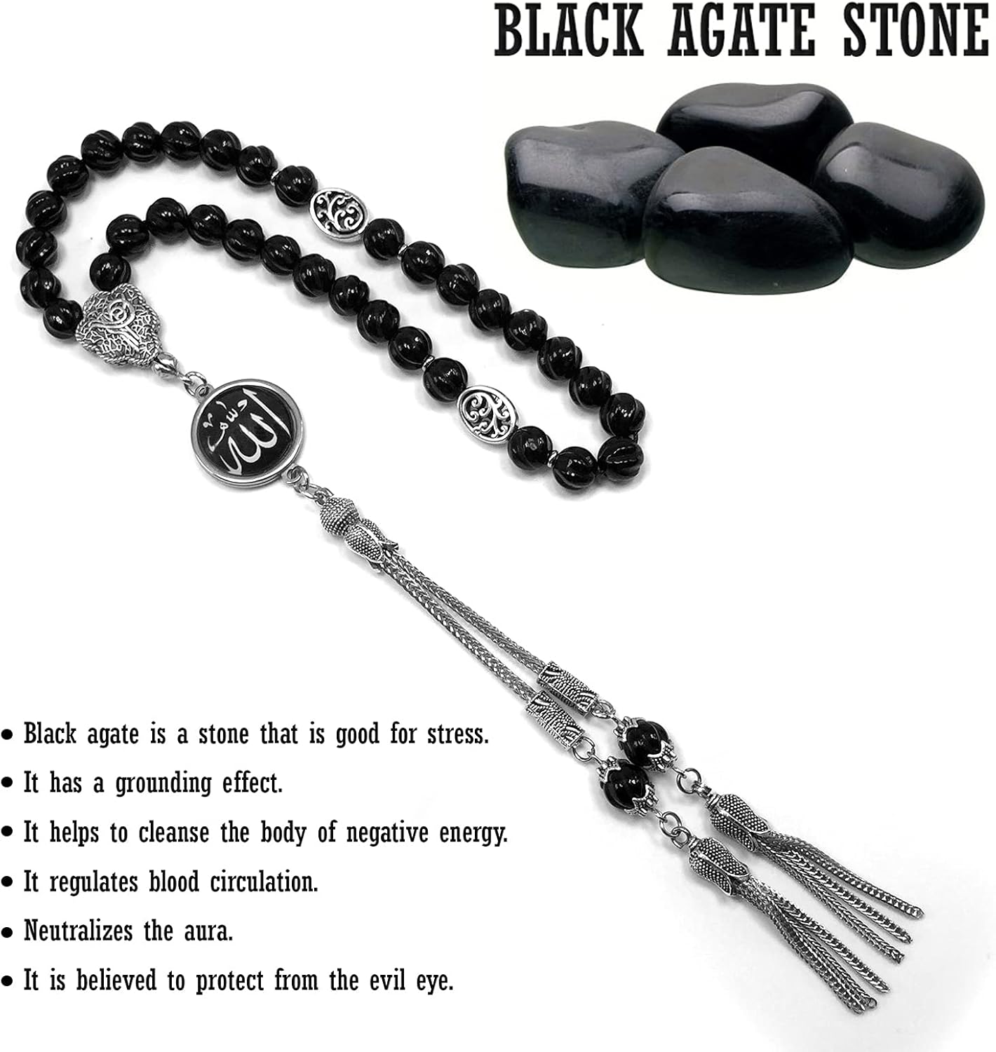 -Regal Collection- Prayer Beads-Tesbih-Tasbih-Tasbeeh-Misbaha-Masbaha-Subha-Sebha-Sibha-Rosary (-Genuine Carved Black Agate Stone -8mm 33 Beads- & Black Agate Bracelet-)
