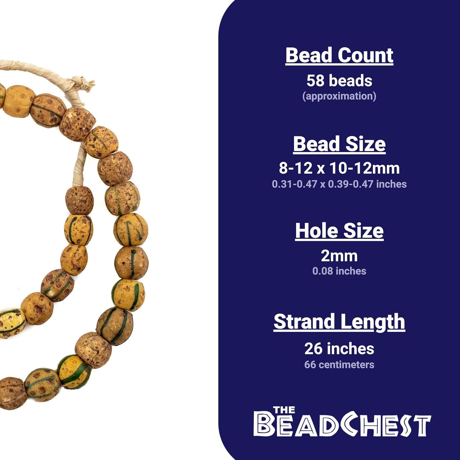 The Bead Chest Antique Ethiopian Yellow Venetian African Trade Beads 11mm Round Glass Large Hole 26 Inch Strand Handmade