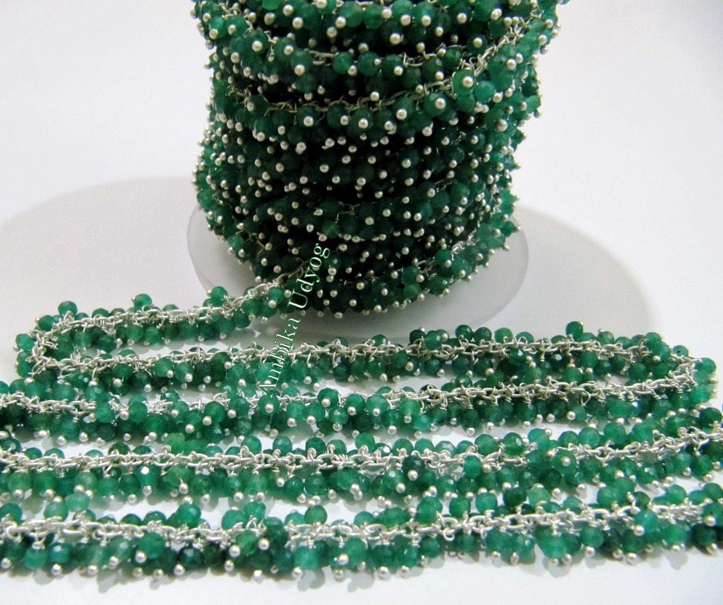 3 Feet AAA Quality Emerald Dangling Rosary Chain Silver Plated-Cluster Beaded Chain