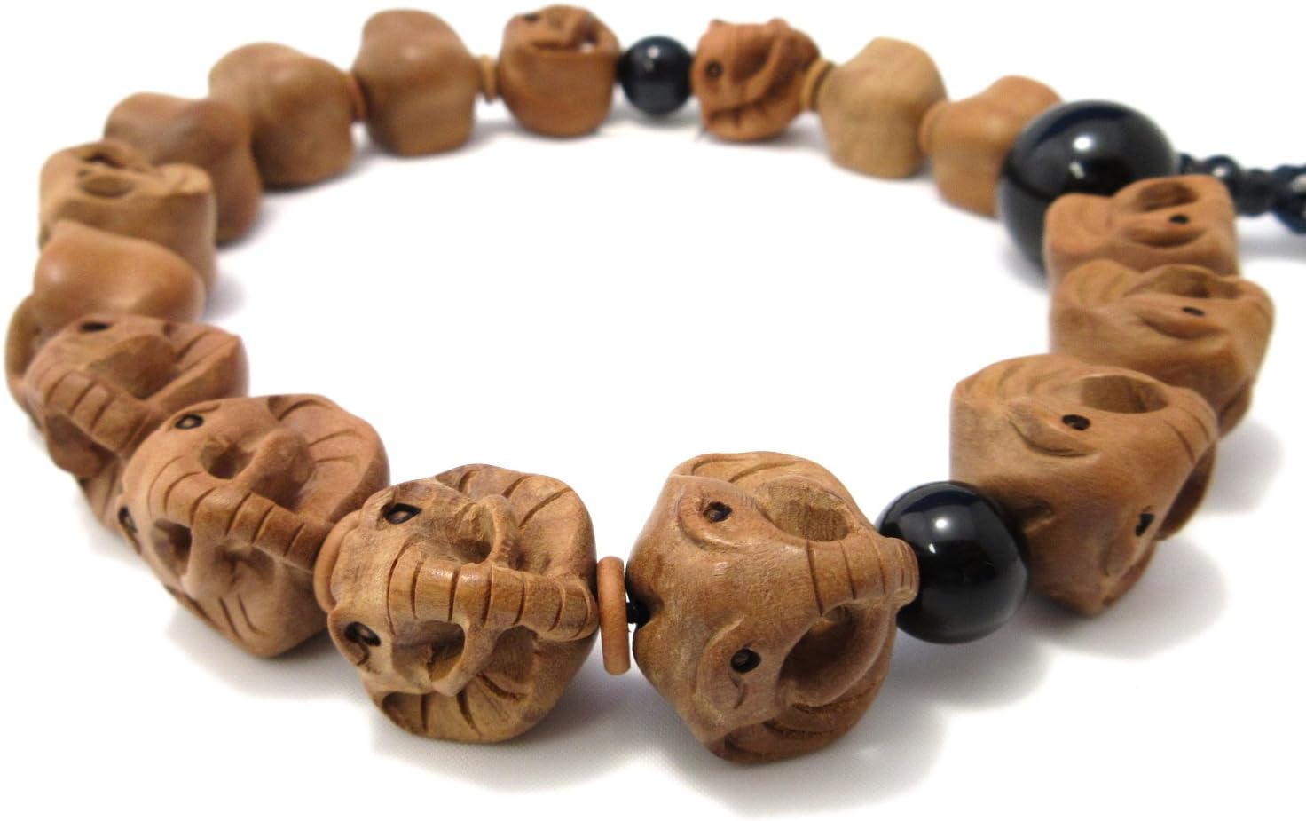 京都あさひ屋 Elephant Wood Carving with Blue Tiger Eye Japanese Juzu Buddhist Prayer Beads Handemade in Kyoto JUA34