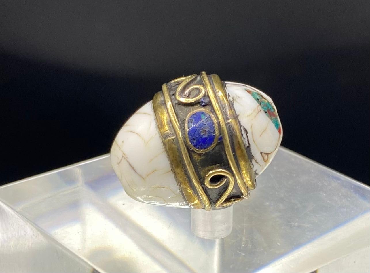 Handcrafted Nepalese Tibetan Natural Shell Pearl Bead with Lapis and Coral 21x17mm – 7.6g Oval Brass Bead for Jewelry Making, Craft Supplies, DIY Necklace & Bracelet Design,Loose Beads (20)