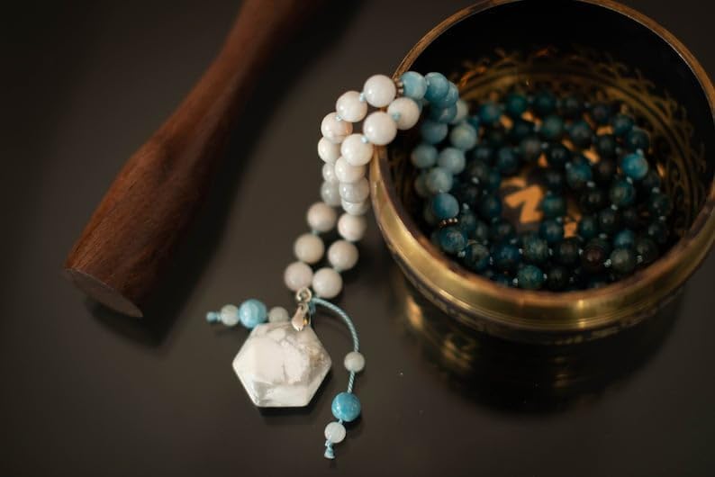 APATITE,LARIMAR,HOWLITE, Stone Mala Beads, 108 Mala Necklace, Knotted Mala, WWG Necklace, Yoga Jewelry Meditation Beads Spiritual Jewelry Boho Jewelry