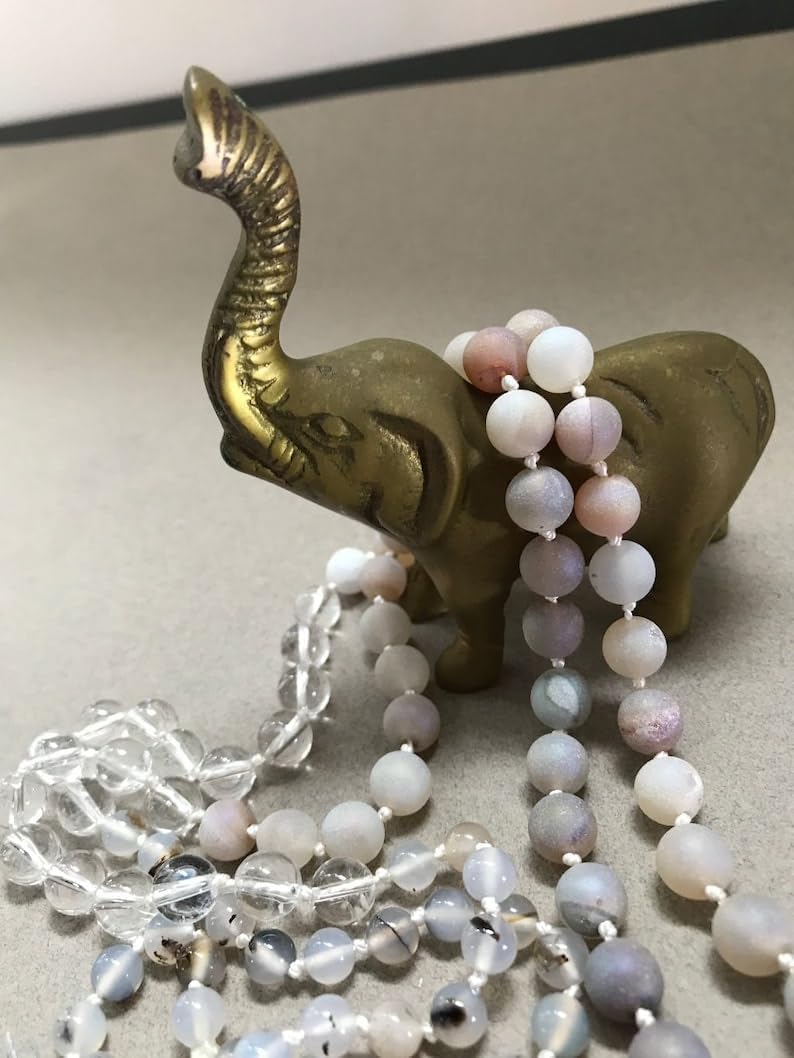 Natural Peruvian Clear Quartz, flower agate, aurora luster druzy beads, Stone Mala Beads, 108 Mala Necklace, Knotted Mala, WWG Necklace, Yoga Jewelry Meditation Beads Spiritual Jewelry Boho Jewelry,
