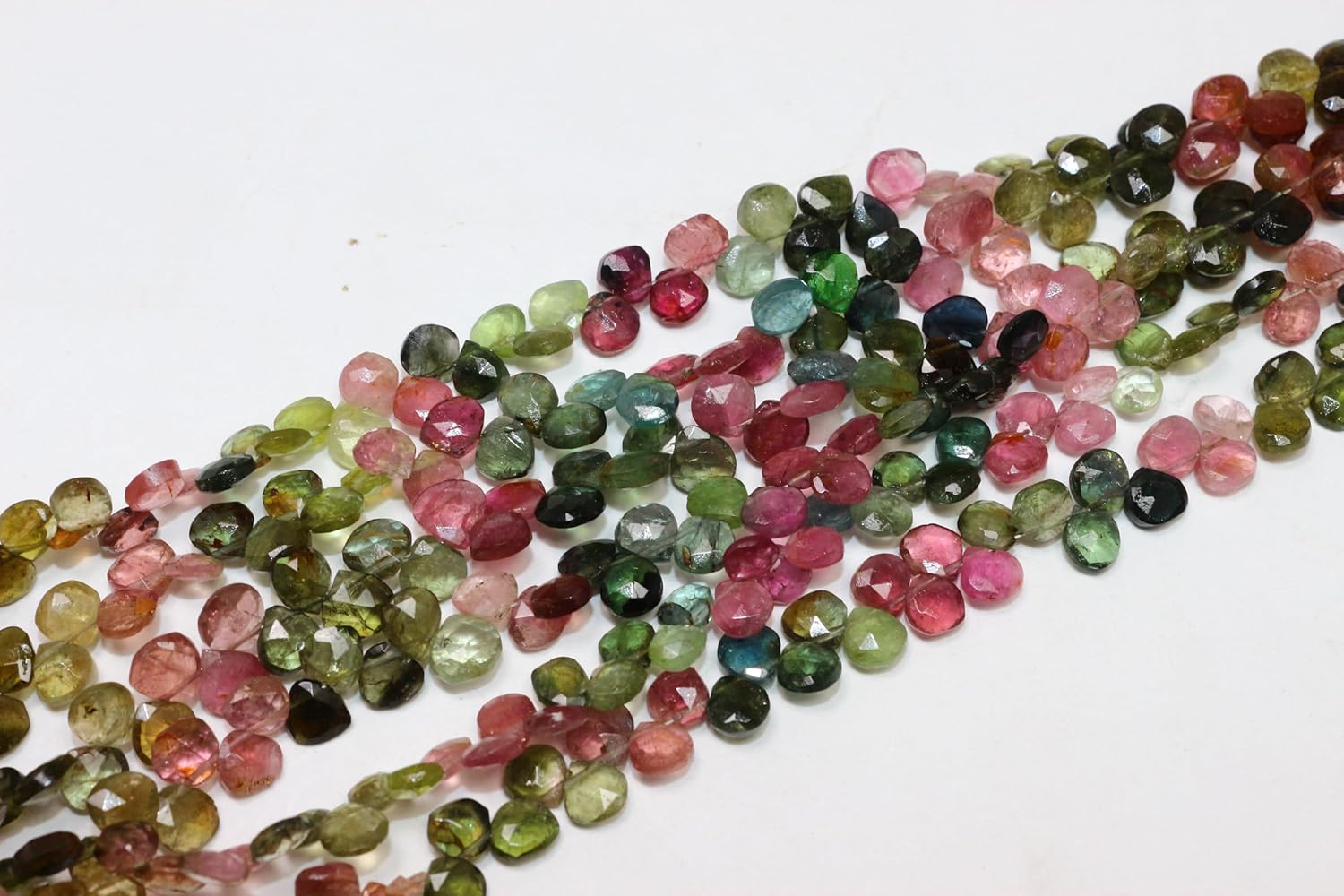 Natural Multi-Colored Tourmaline Heart Shaped Faceted Beads, Pink Green Black, 5-6mm Size, 8 Inch Strand with Tassel