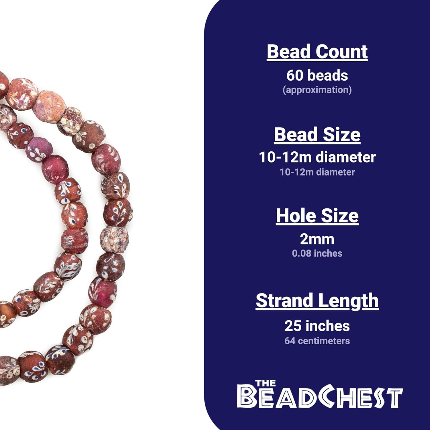 The Bead Chest Antique Venetian Flower White Heart Beads 11mm Ethiopia African Red Round Glass Large Hole 25 Inch Strand Handmade