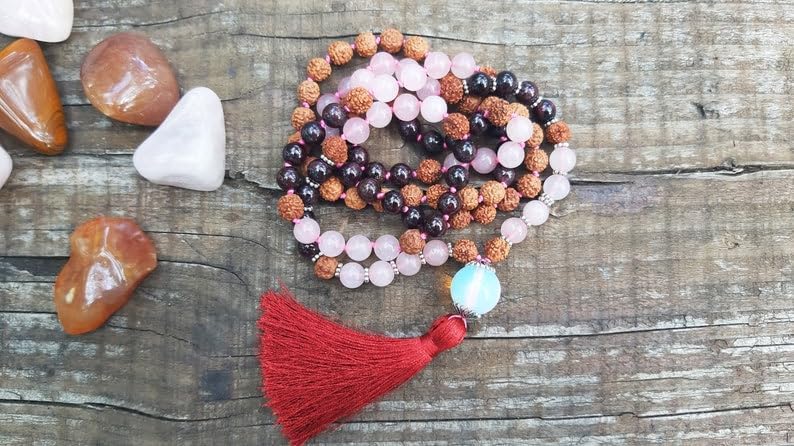 Natural Garnet, Rose Quartz, Rudraksha 8mm 108 Mala Beads, Spiritual, Meditation Beads, Reiki, Japa Mala, Buddhist Prayer Beads, Yoga Bracelet, healing beads LKMALA-RRGU-3927