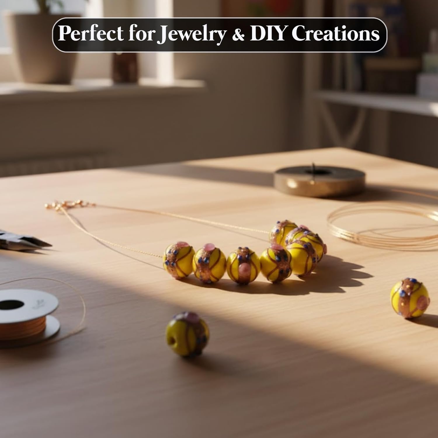 Yellow Designer Glass Beads | 16mm Murano Style Beads with Blue Dots & Pink Floral Accents | Available in 10 Strands | Ideal for Jewelry Making & DIY Projects