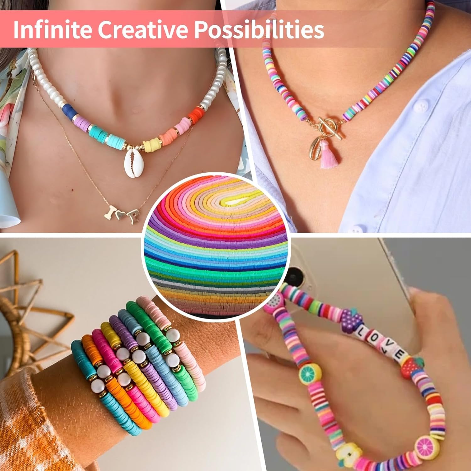 38,000 Clay Beads, 100 Strands Colorful Round Polymer Disc Beads, DIY Jewelry and Bracelet Making Kit