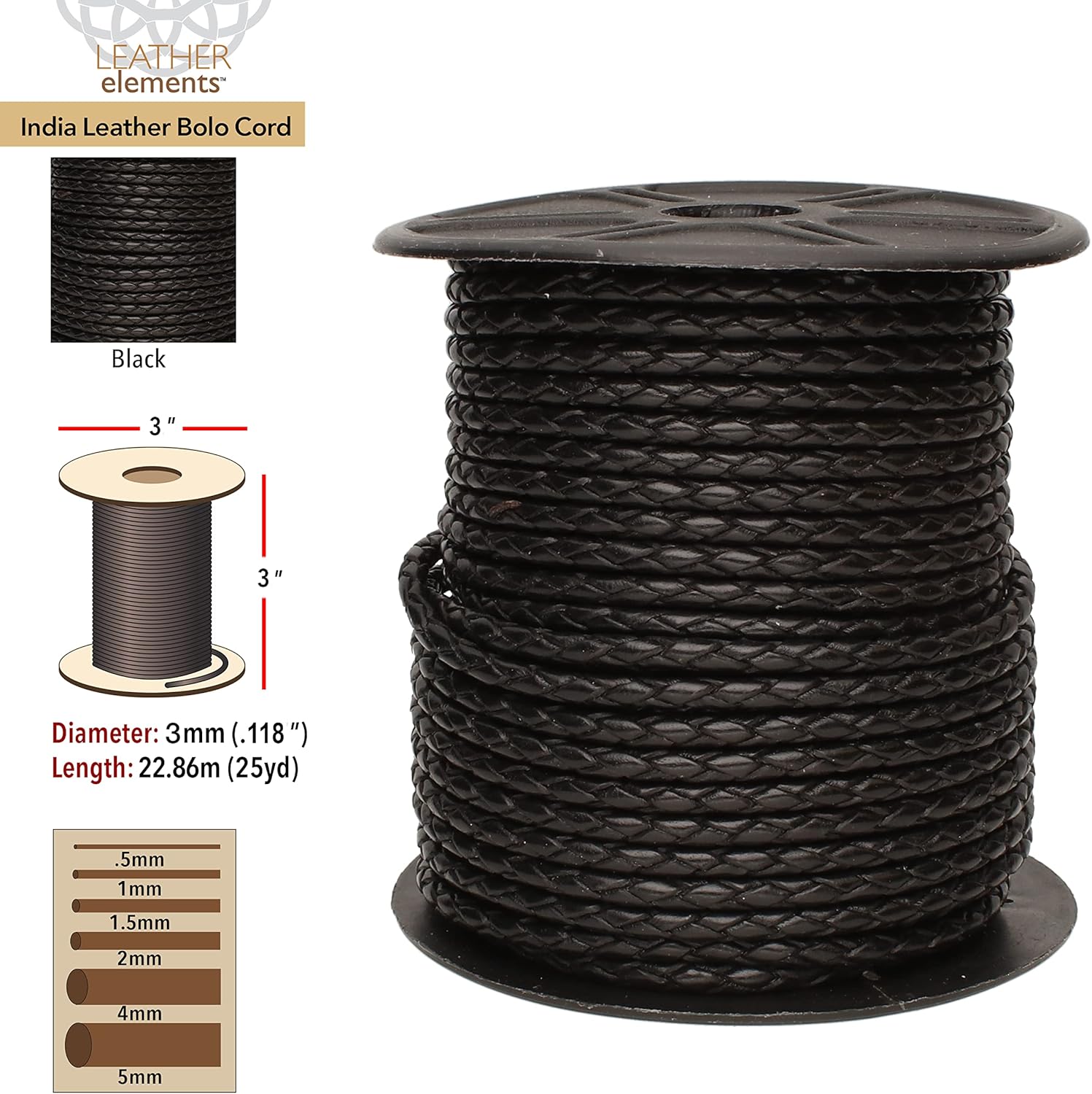 The Beadsmith Braided Bolo Cord – Black Color – 3mm Spool – 25 Yards/22.86 Meters – Machine Braided Indian Leather – Ideal for Watch Bands, Bolo Ties, Necklaces, Hair Accessories & DIY Jewelry Making