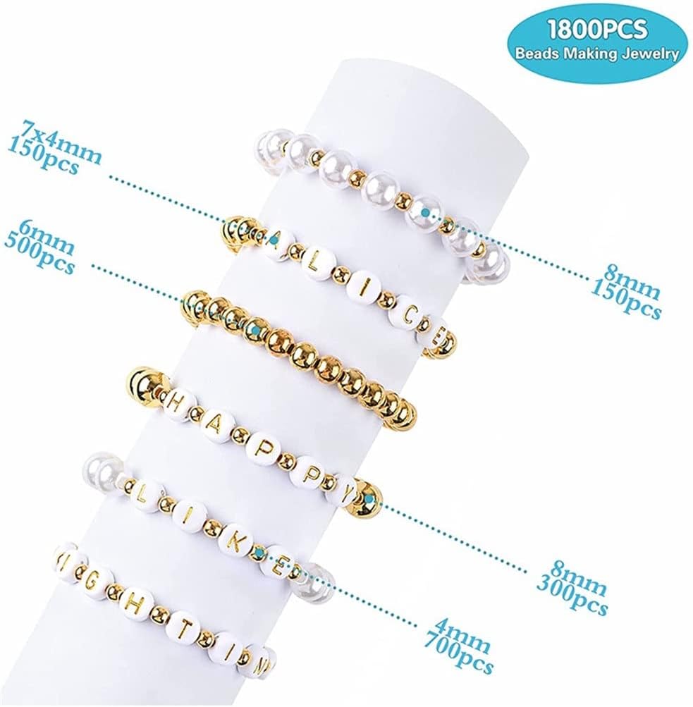 1800Pcs Beads Making Kit Gold Round Spacer Beads Alphabet Beads White Pearl Beads and Elastic String (Color : A Size : One Size)