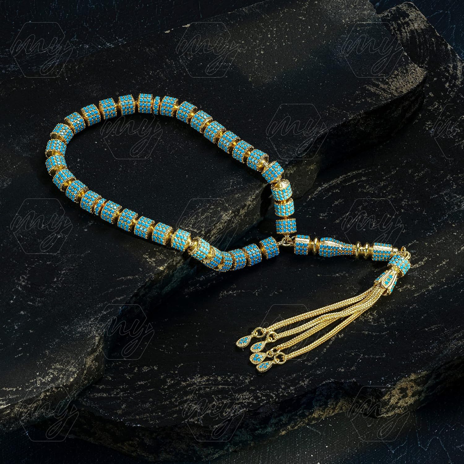 925 Sterling Silver Gold Plated Turquoise Islamic Prayer Beads Rosary Tasbeeh