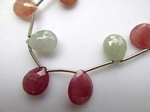natural multi sapphire faceted briolette beads, huge 11mm to 13mm pink white sapphire pear beads, 8 pieces