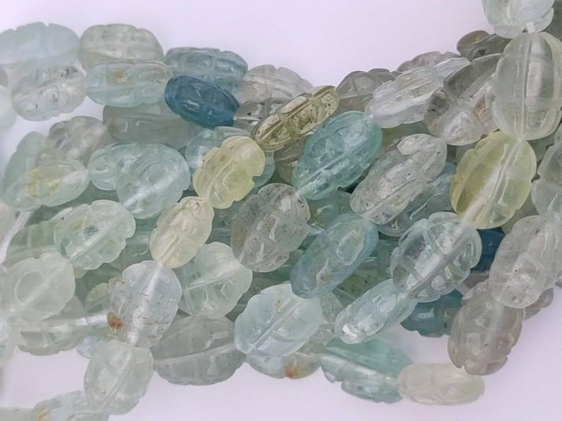 Natural Aquamarine Melon Smooth Beads 8x10-9x12 mm 16 inch Long String Jewelry Making Gemstone Beads for Necklace Bracelet