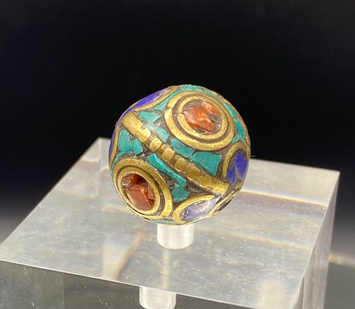 Old Antique Nepali Tibetan Handmade Brass Bead 20mm 10g | Turquoise,Lapis Lazuli & Coral Inlay Round Bead | Ethnic Boho Jewelry Supply | for Pendant Bracelet Necklace Making (50)