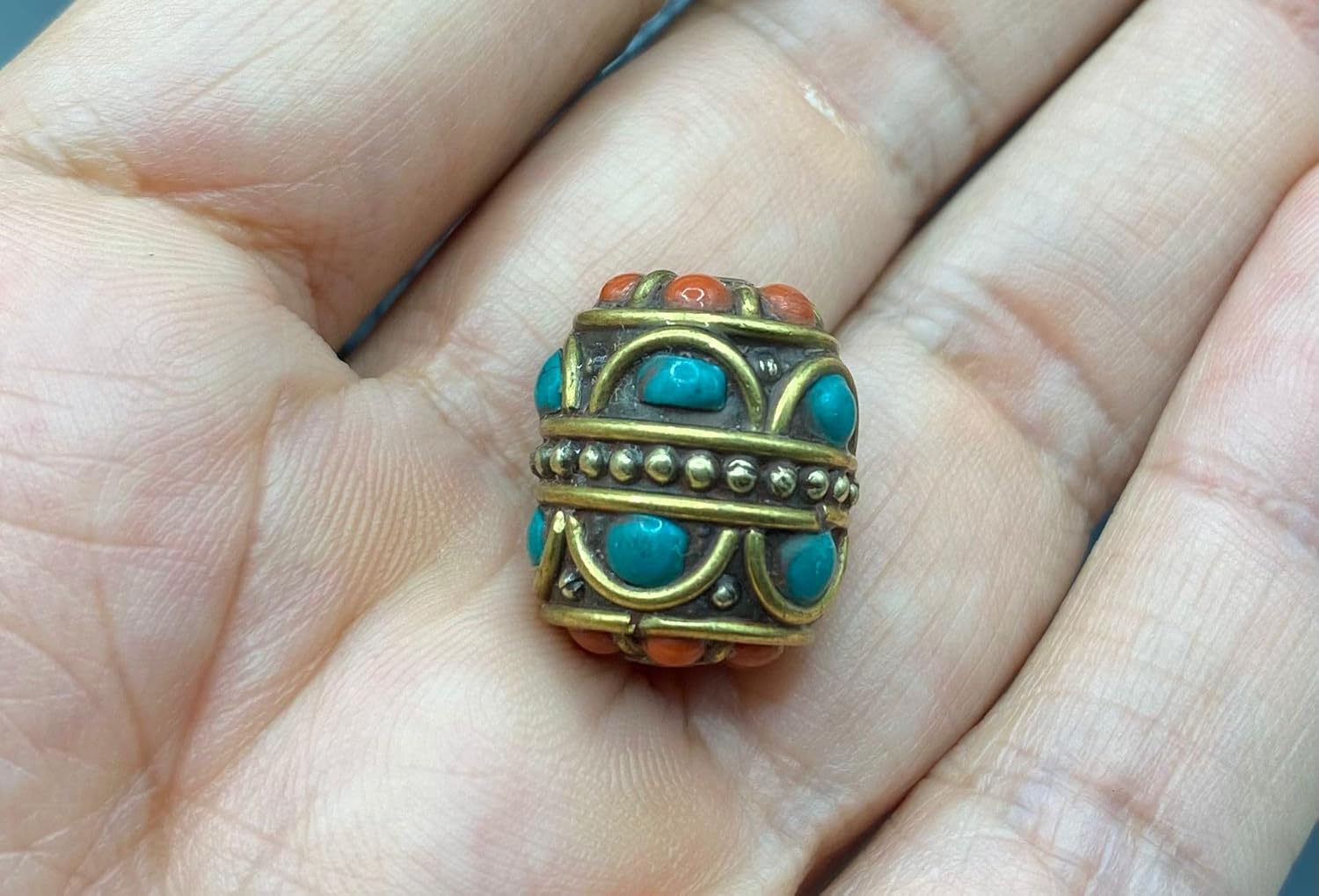 Old Antique Nepal Tibetan Handmade Brass Bead 19x15mm 7g | Turquoise & Coral Inlay Barrel Bead | Ethnic Boho Jewelry Supply | for Pendant Bracelet Necklace Making (50)