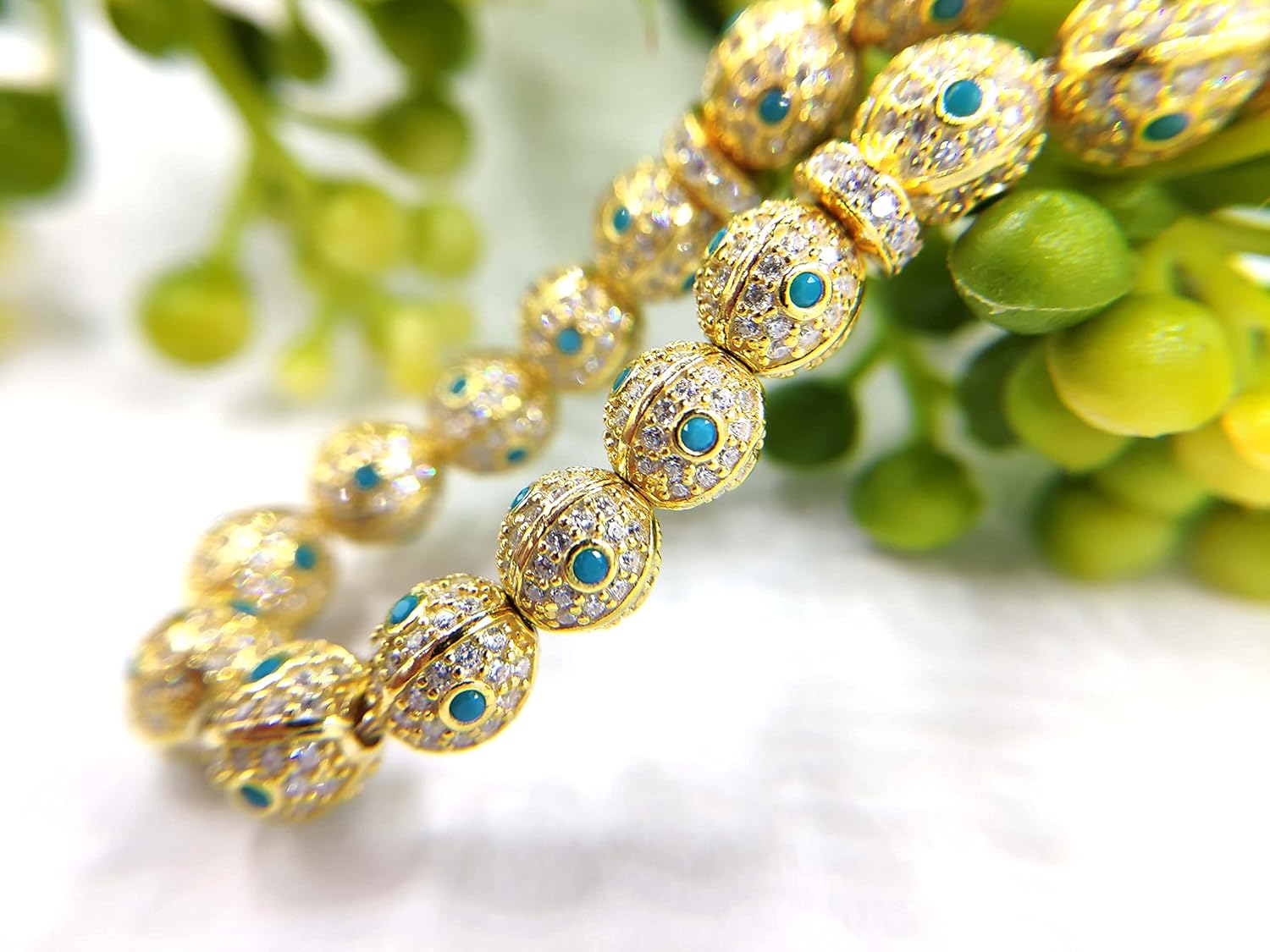 Filigranist Gold Plated 925 Sterling Silver Red Turquoise Green Zirconia Paved Round Beads Tasbih Misbaha Rosary Worry Beads (Turquoise)