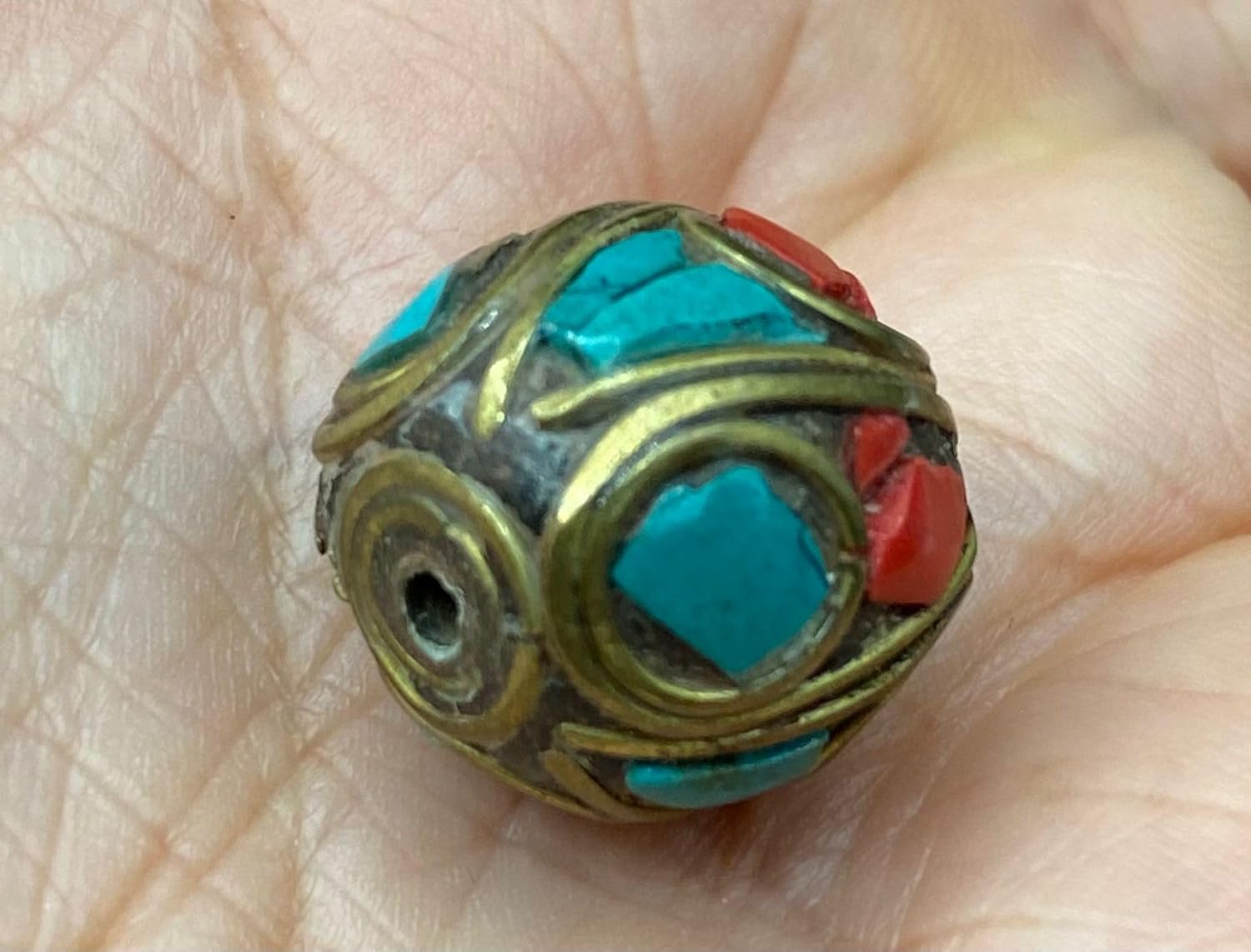 Old Antique 16mm Nepalese Tibetan Bead with Turquoise and Coral Inlay –16mm 5.7g Handmade Vintage Brass Bead for Jewelry Making, Meditation, Healing, and Boho Crafts (50)