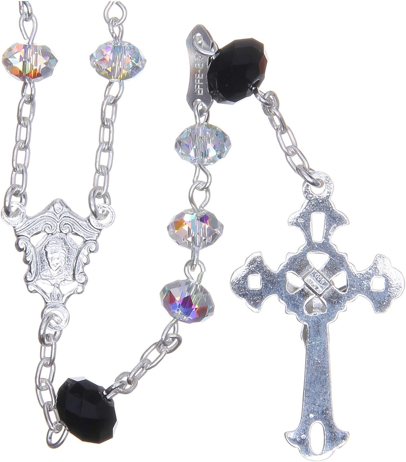 925 Silver Rosary Beads with Black and White Strass briolette 6mm