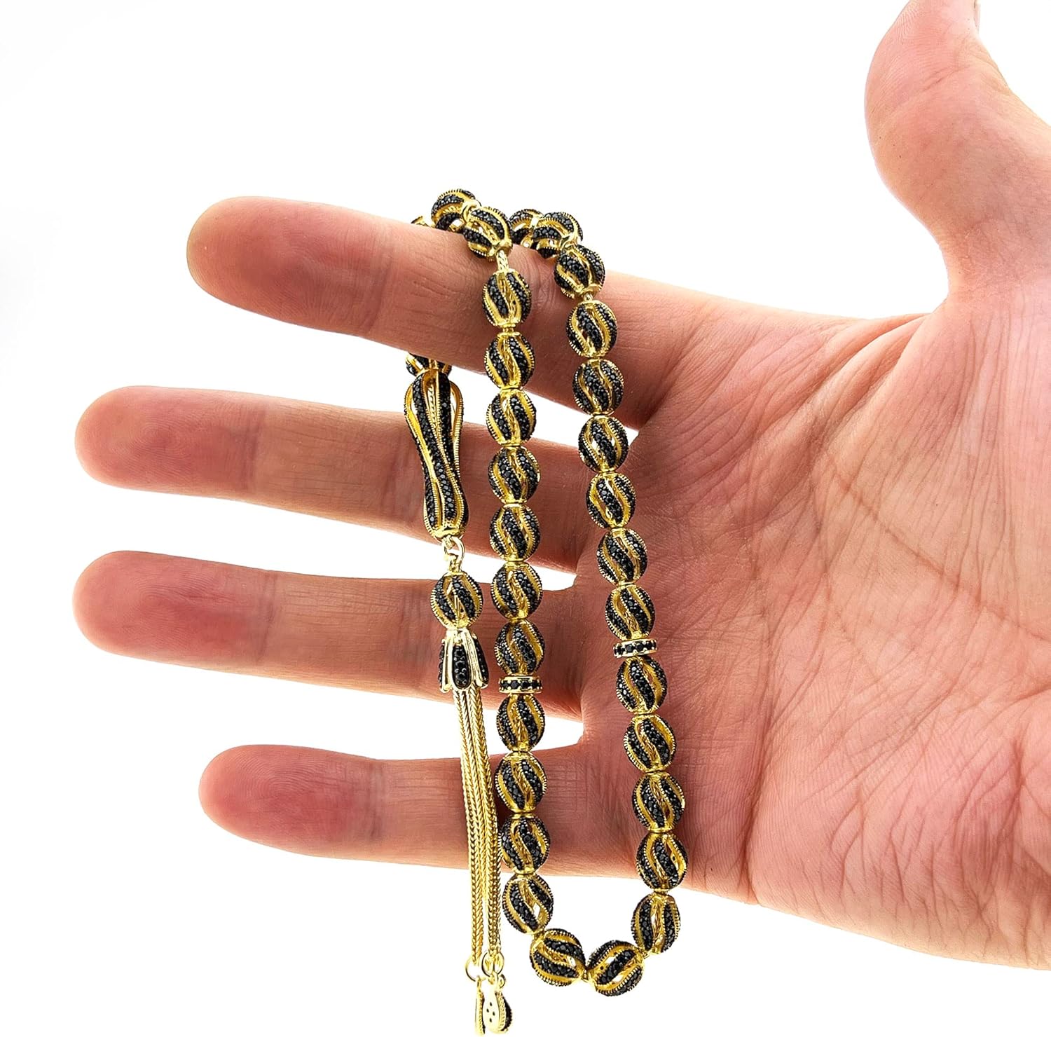 925 Sterling Silver Gold Plated Onyx Islamic Prayer Beads Rosary Tasbeeh Misbaha