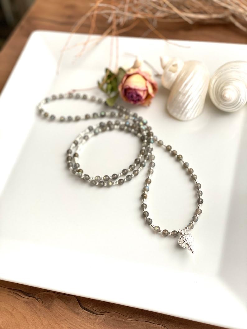 labradorite Stone Mala Beads, 108 Mala Necklace, Knotted Mala, WWG Necklace, Yoga Jewelry Meditation Beads Spiritual Jewelry Boho Jewelry