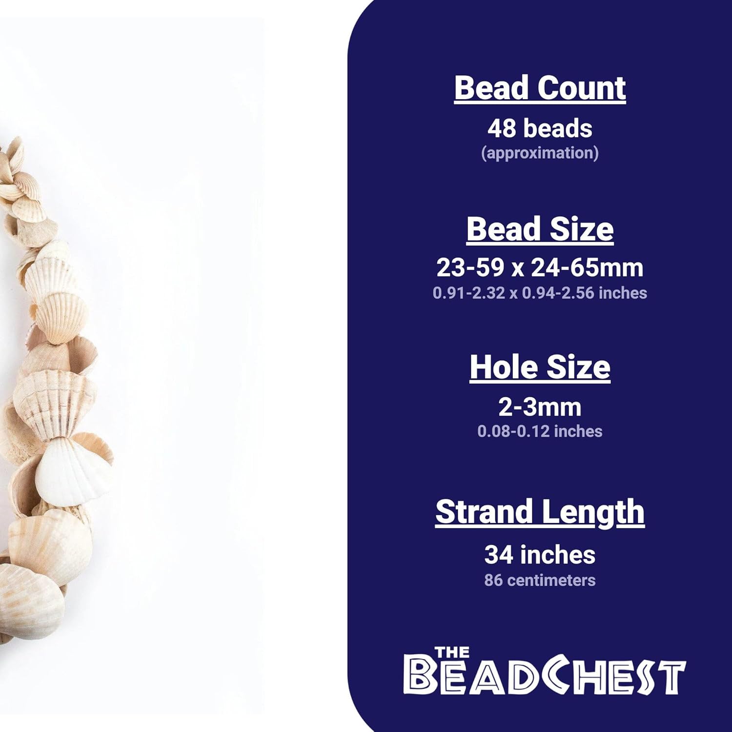 The Bead Chest West African Decorative Shell Beads 45mm Ghana White Unusual Large Hole 34 Inch Strand Handmade