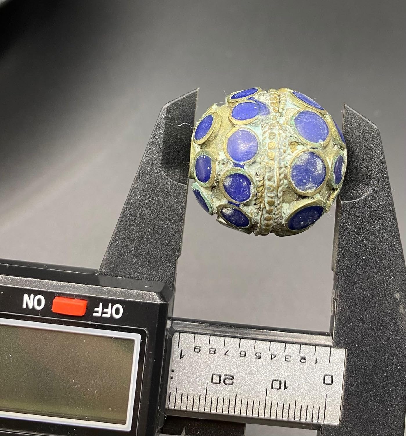 Antique Tibetan Brass Inlay Bead 25x22mm 4.5g | Vintage Lapis Lazuli Stone Handmade for Jewelry Making | Ethnic Nepal for Necklace, Bracelet, Earring Craft | Old Tribal Boho Bead (50)