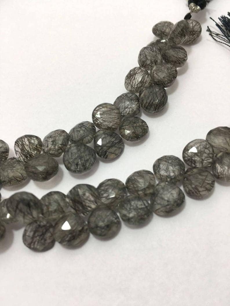 8 inch Strand of Natural Black Rutile 6-8mm Heart Faceted briolette Beads for DIY Jewelry Making. |BRIO_00921