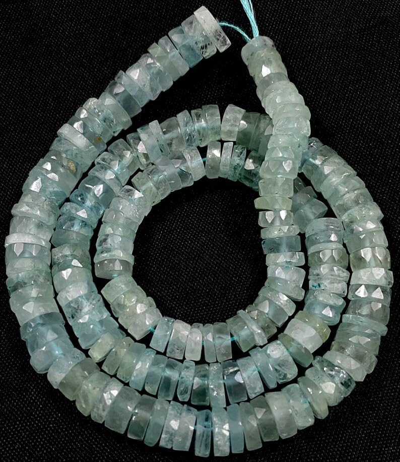 Natural Aquamarine RONDELLE Faceted Beads 6X7 16 inch Long String Jewelry Making Gemstone Beads for Necklace Bracelet