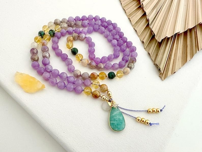 Natural amethyst african turquoise and citrine 8mm 108 Mala Beads, Spiritual, Meditation Beads, Reiki, Japa Mala, Buddhist Prayer Beads, Yoga Bracelet, healing beads LKMALA-RRGU-2197