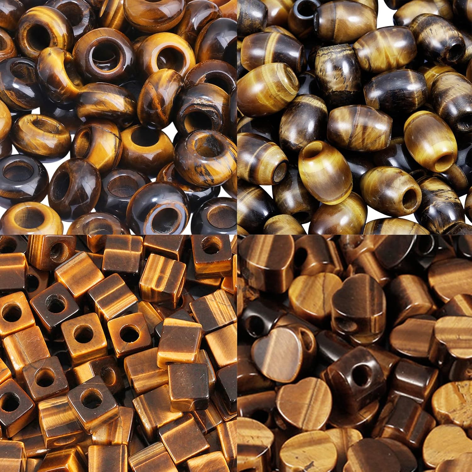 TUMBEELLUWA Pack 15x4, Tiger's Eye Stone Beads for Jewelry Making, Healing Crystal Large Hole Loose Beads, Round & Square & Oval & Heart