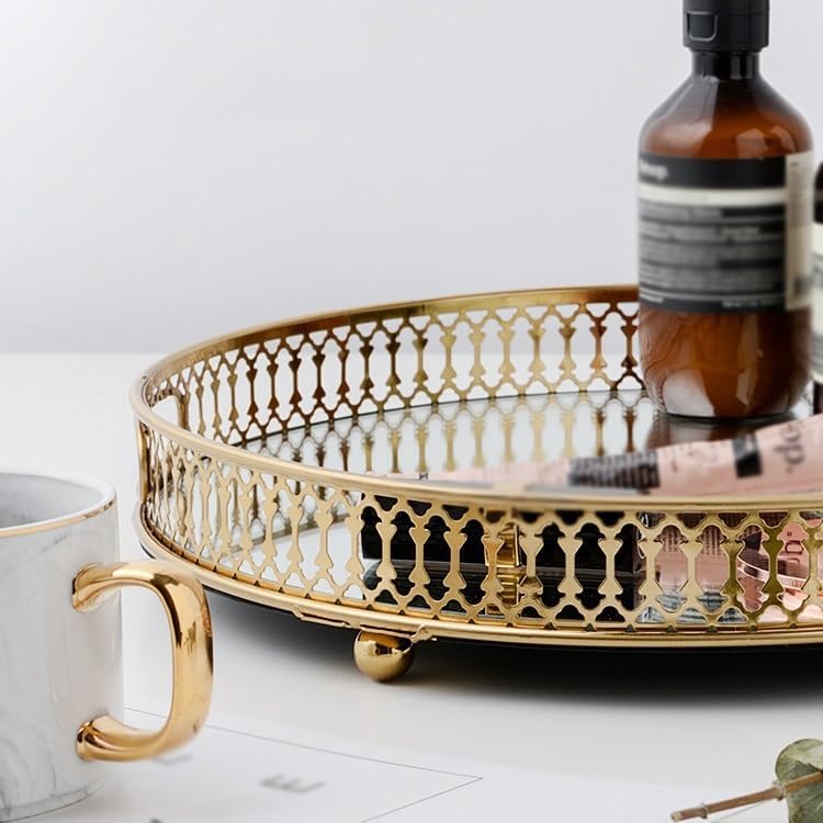 Cafeteria Tray Mirror Glass Tea Tray Gold Storage Tray Home Living Room Coffee Table Light Luxury Cup Storage Tray Serving Trays(E)