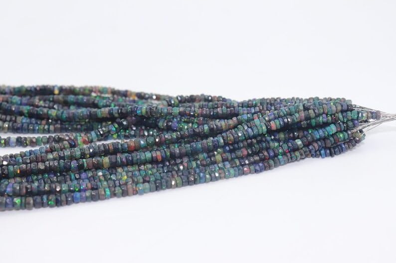 AAA+ Black Ethiopian Opal Faceted Rondelle Beads 3-5.5 Multi Fire Black Opal Rondelle Beads Strand for Jewelry Making