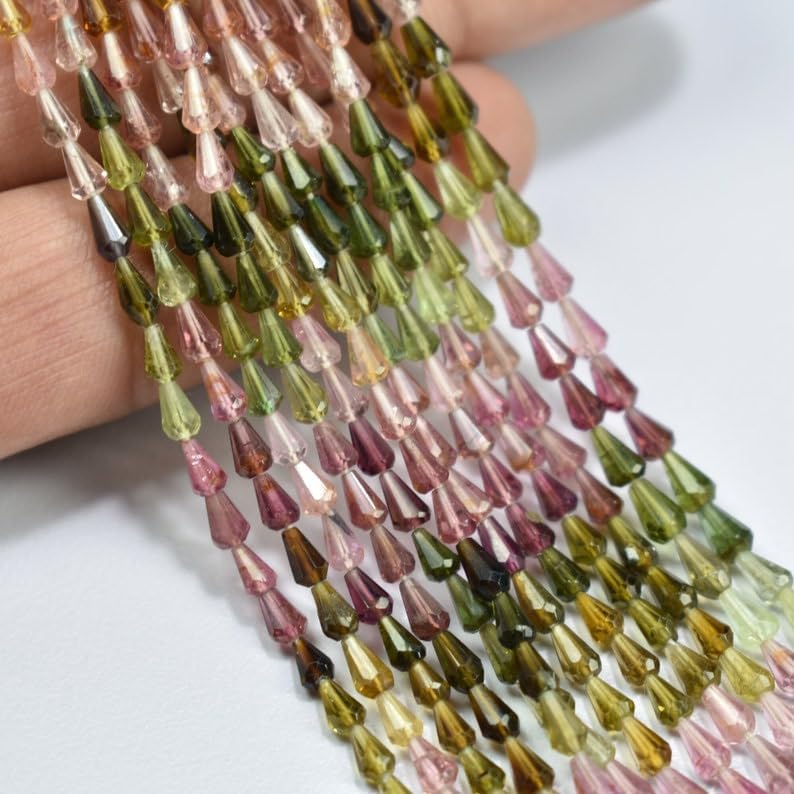 Natural Multi Tourmaline Straight Drill Drops Faceted Beads 3X4.5-3X5mm 13 inch Long String Jewelry Making Gemstone Beads for Necklace Bracelet