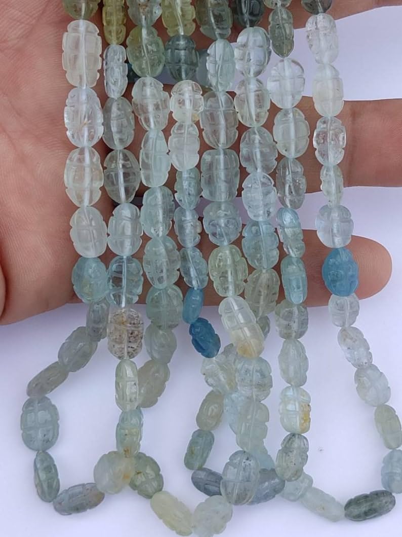 Natural Aquamarine Melon Smooth Beads 8x10-9x12 mm 16 inch Long String Jewelry Making Gemstone Beads for Necklace Bracelet