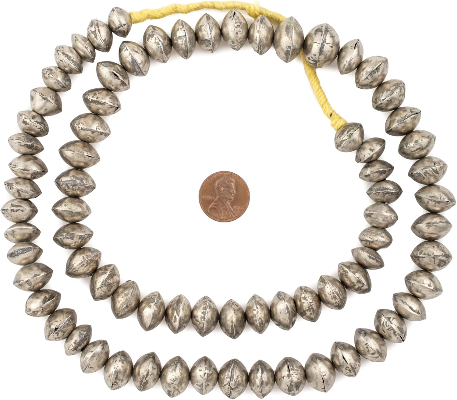 The Bead Chest Mali Silver Bicone Beads - Full Strand of African Metal Saucer Spacer Beads (11x16mm)