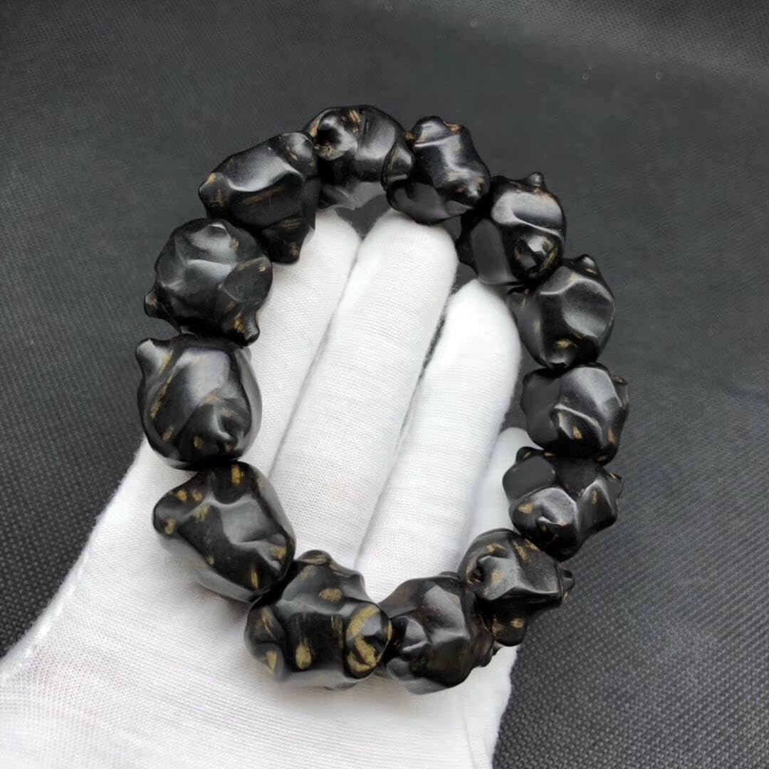 Indonesian Old Agarwood Black Oil Free-Form Hand-Strung Prayer Beads, Mature, Floral Scent, Sinkable Grade Multiple Beads Inner diameter 54mm