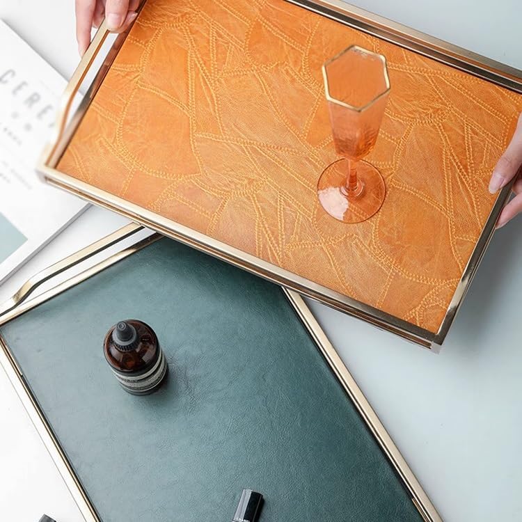 Tray Light Luxury Gold Handle Tray Household Leather Metal Tea Tray Creative Tea Set Storage Tray Dining Tray Serving Trays(A)