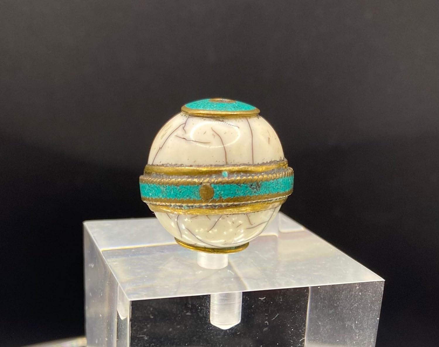 Handcrafted Nepalese Tibetan Natural Shell Pearl Bead with Turquoise 24x25mm –10.16g Round Carved Bead for Jewelry Making, Craft Supplies, DIY Necklace & Bracelet Design,Loose Beads (20)