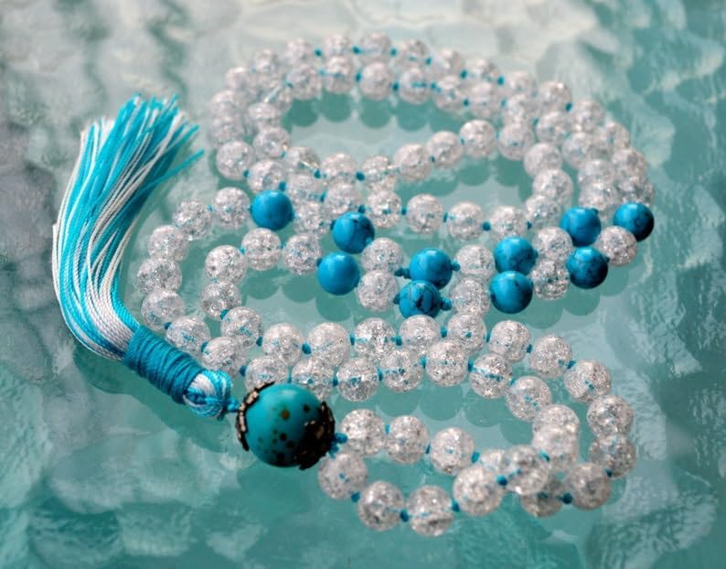 Natural Crystal Quartz, Turquoise 8mm 108 Mala Beads, Spiritual, Meditation Beads, Reiki, Japa Mala, Buddhist Prayer Beads, Yoga Bracelet, healing beads LKMALA-RRGU-1827