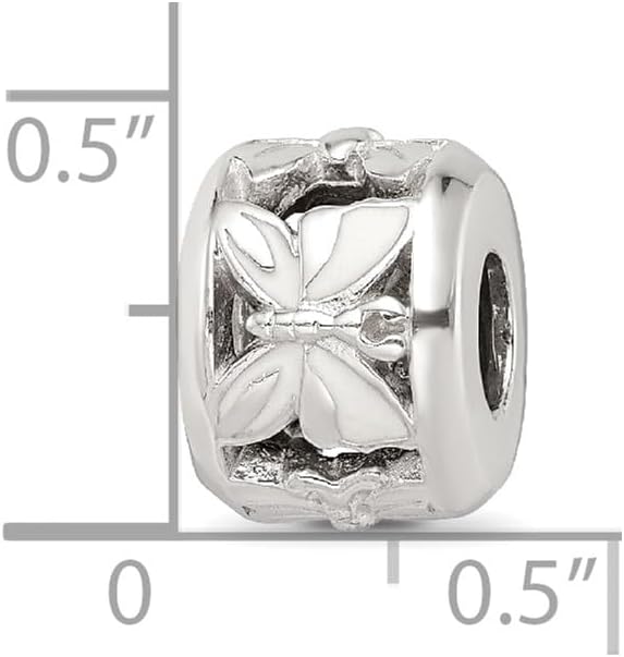 Solid 925 Sterling Silver Reflections White Enameled Butterfly Bead (7.3mm x 10mm)