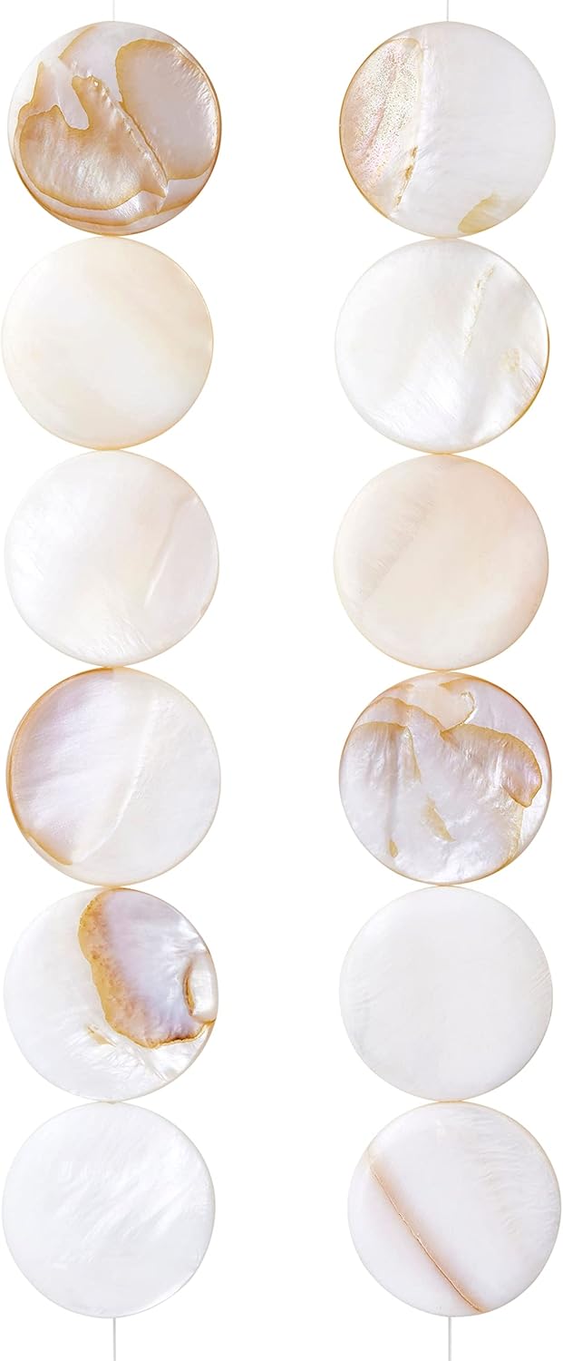 Bead Landing White Natural Shell Lentil Round Beads, 25mm, 12 Pack