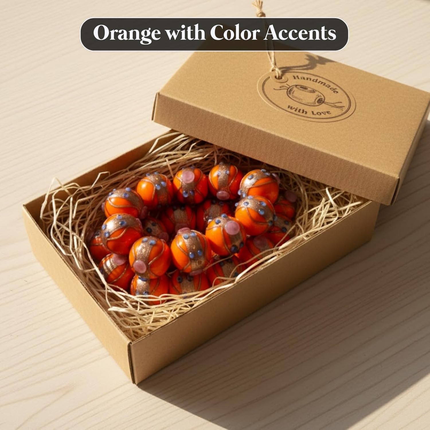 Handcrafted Orange Lampwork Glass Beads | 16mm Designer Round Loose Beads | Available in 10 Strands | Artistic Handmade Beads for Jewelry Making, DIY & Decoration